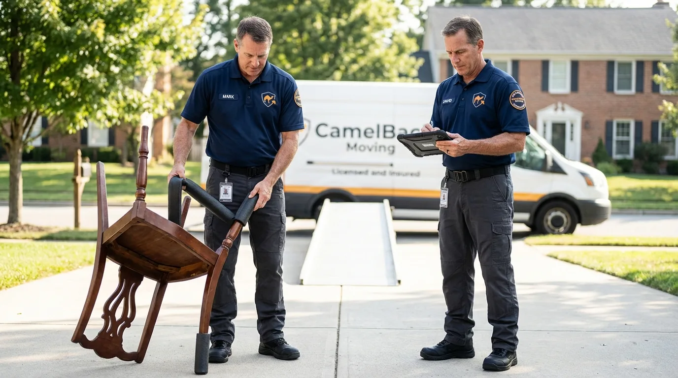 Movers inspecting furniture for damage prevention before loading in Awendaw, SC