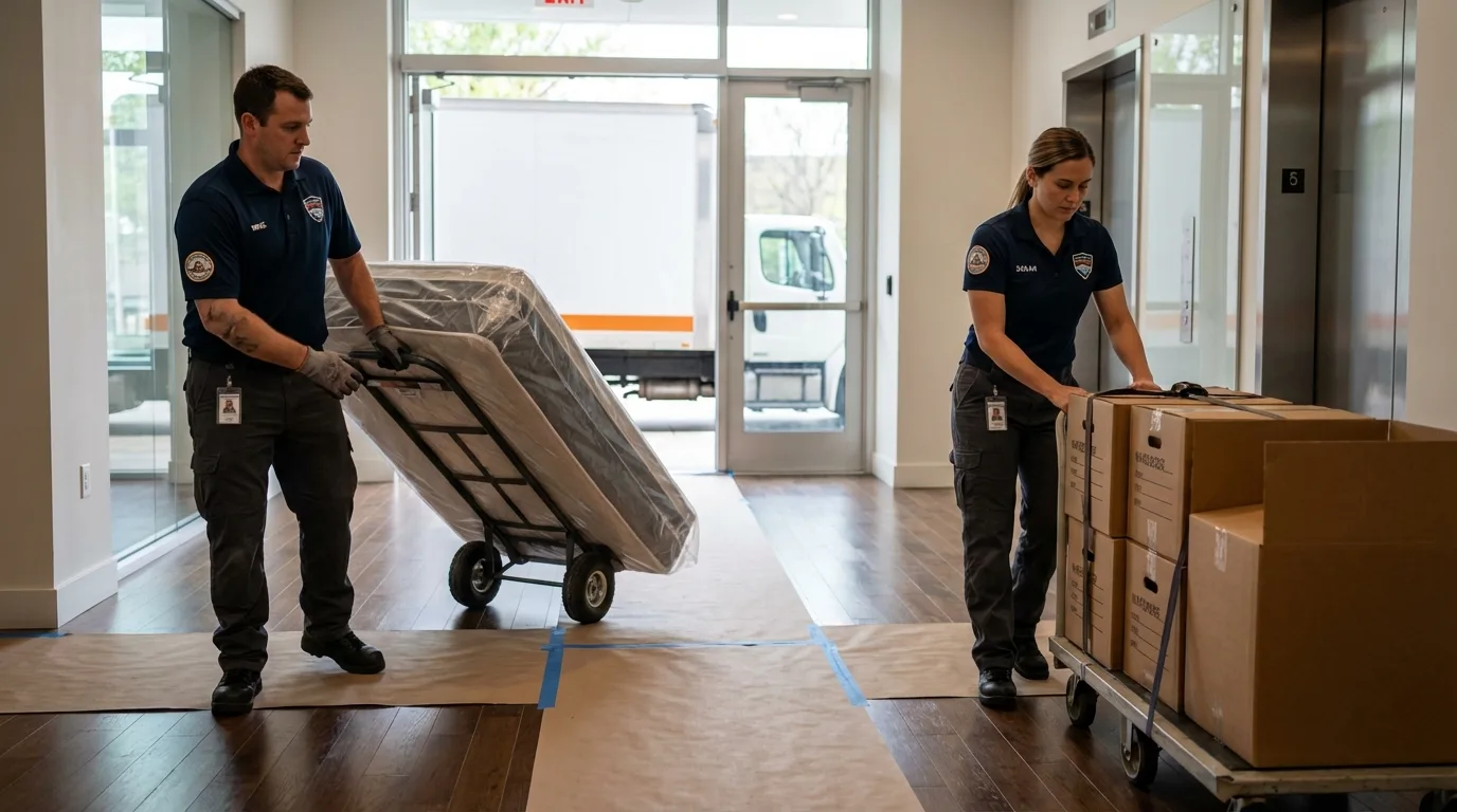 Professional apartment movers loading elevator in Awendaw, SC