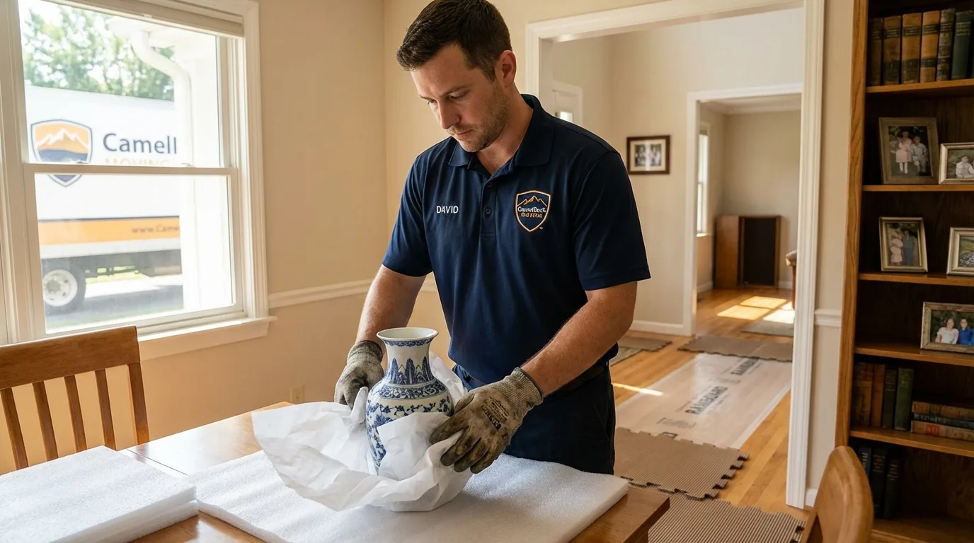 Professional crew carefully wrapping antique vase for senior downsizing move in Awendaw, SC